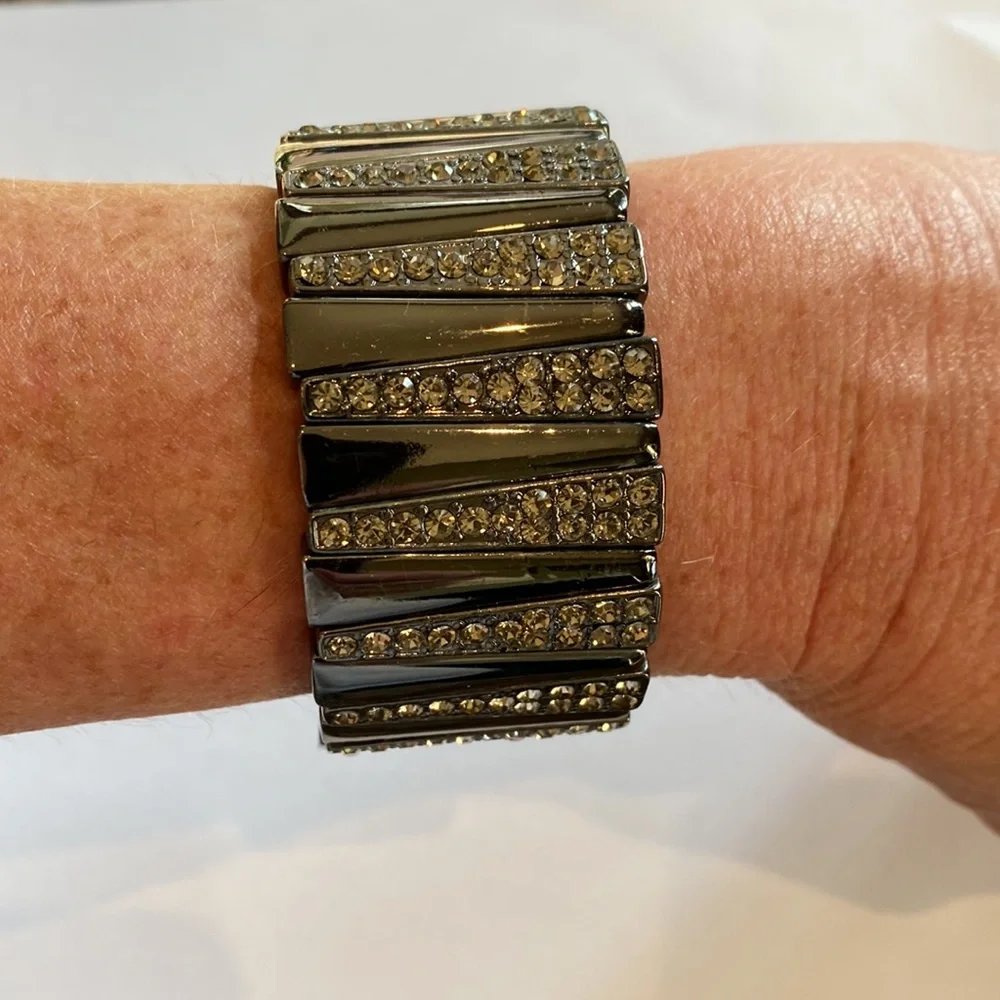 Black Rhinestone Wide Stretch Statement Bracelet !